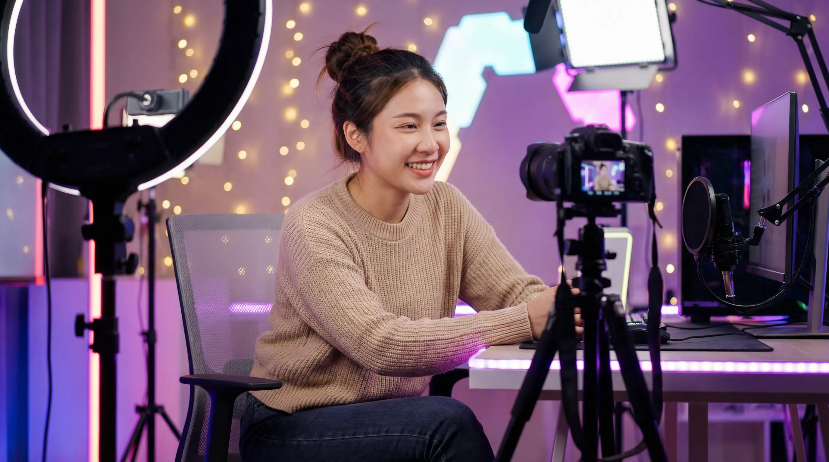 17c一起草原创视频创作者在专业工作室录制视频